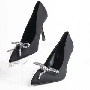 Zara Black Pointed Toe Silver Bow Stiletto Heels Size 39